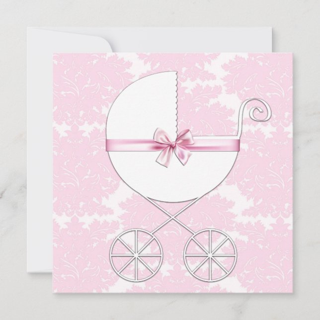 Elegant Carriage Pink Damask Baby Shower Invitatio Invitation (Front)