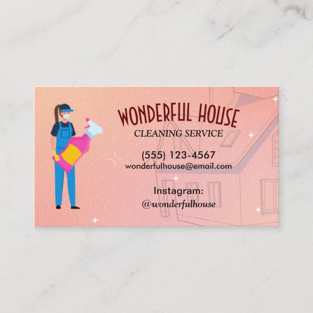 Elegant Cartoon House Cleaning Service Business Card (Front)