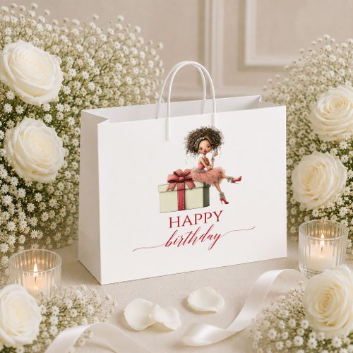 Elegant Cartoon Woman Marsala Script Birthday gift Large Gift Bag