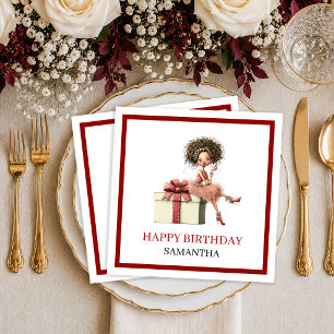 Elegant Cartoon Woman Marsala Script Birthday Napk Napkins