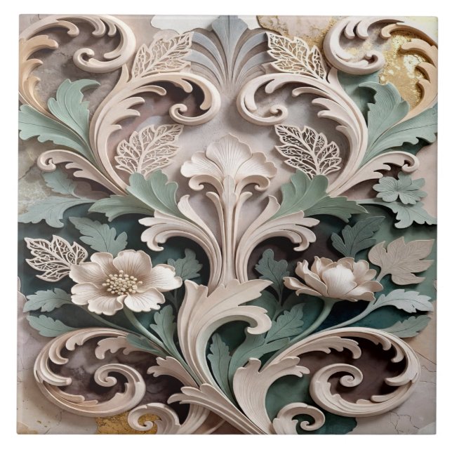 Elegant Carved Floral Baroque Design Ceramic Tile (Front)