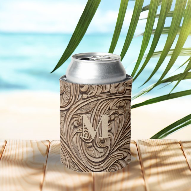Elegant Carved Light Wood Monogrammed Can Cooler (Creator Uploaded)