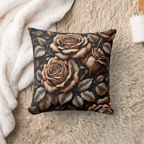 Elegant Carved Roses on Dark Background Throw Pillow