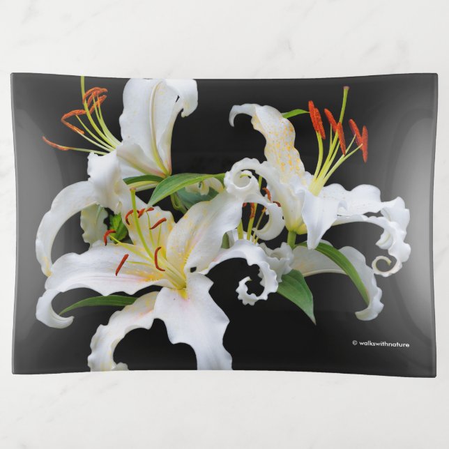 Elegant Casablanca White Oriental Lilies Trinket Tray (Front)
