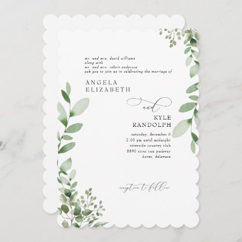 Elegant Cascading Greenery Wedding Scalloped Invitation