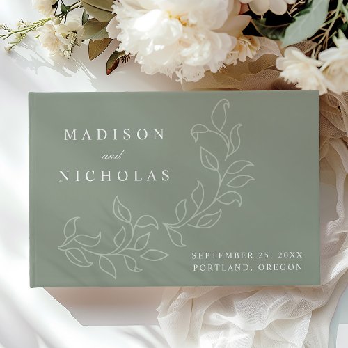 Elegant Cascading Sage Green Leaves Photo Wedding Guest Book