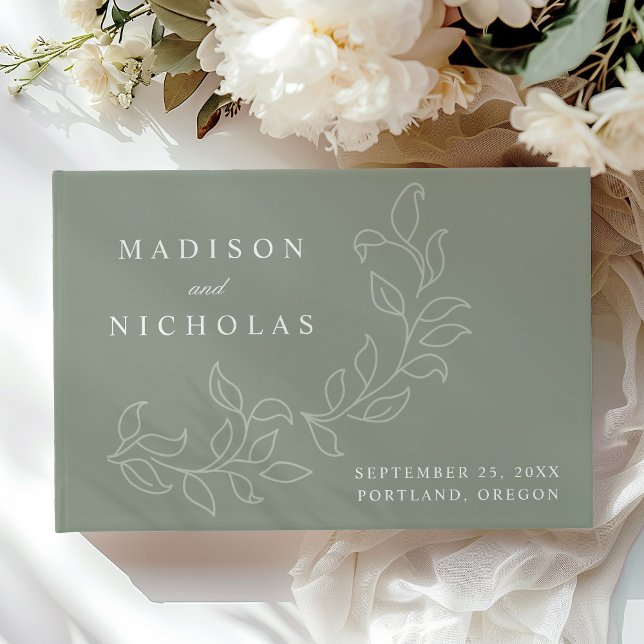 Elegant Cascading Sage Green Leaves Photo Wedding Guest Book (Creator Uploaded)