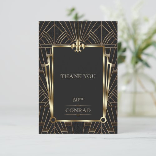 Elegant Casino Black Gold Art Deco 50th Birthday Thank You Card