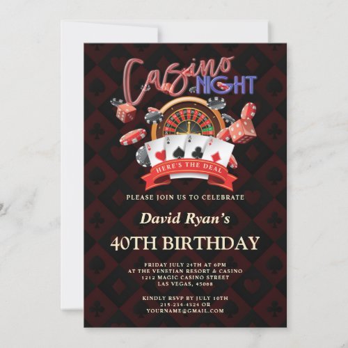 Elegant Casino Night Vegas 40th Birthday Party Invitation