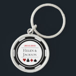 Elegant Casino Poker Chip Black White Wedding Keychain<br><div class="desc">Getting married in Las Vegas or maybe you're having a casino themed wedding? This white and black keychain would make a perfect gift for the newlyweds, for the bridal party, or as a gift for the wedding guests. Personalize the design with your names in black in the center, and a...</div>
