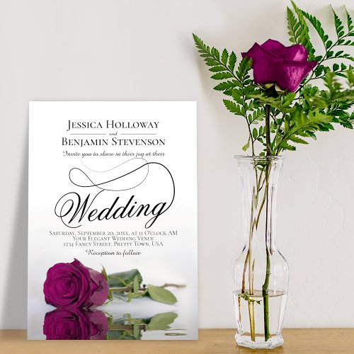 Elegant Cassis Magenta Rose Classy Script Wedding Invitation