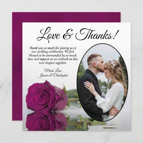 Elegant Cassis or Magenta Rose Oval Photo Wedding Thank You Card