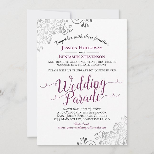 Elegant Cassis Purple & Lacy Silver Wedding Parade Invitation (Front)