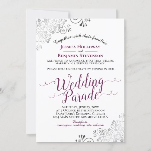 Elegant Cassis Purple  Lacy Silver Wedding Parade Invitation