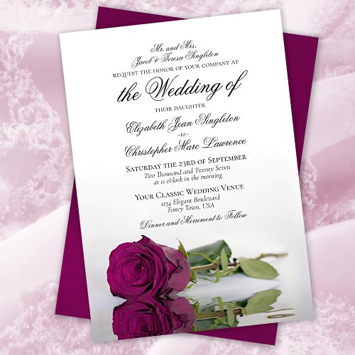 Elegant Cassis Purple Magenta Rose Formal Wedding Invitation