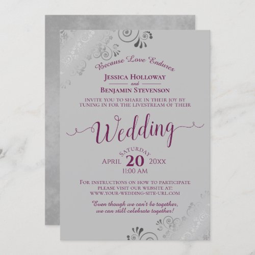 Elegant Cassis Purple on Gray Wedding Livestream Invitation