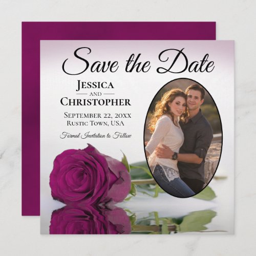 Elegant Cassis Purple Rose with Oval Photo Wedding Save The Date