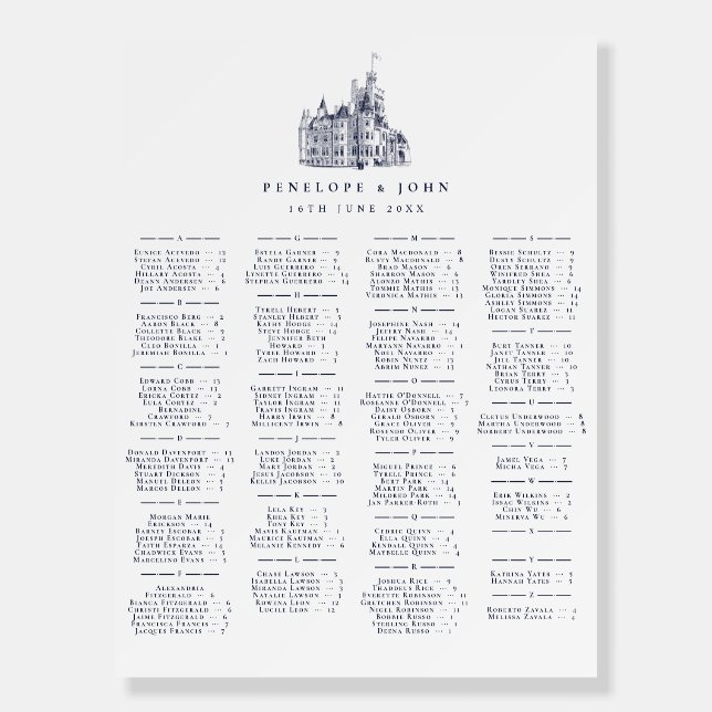 Elegant Castle Alphabetical Wedding Seating Chart Foam Board (Front)