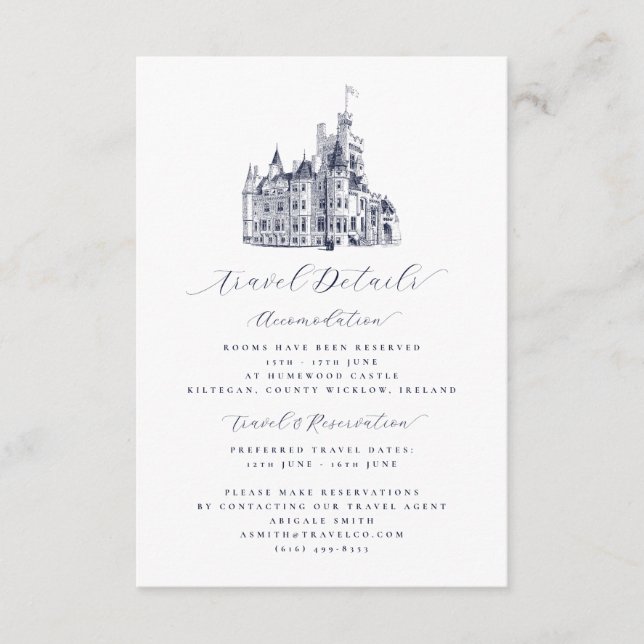 Elegant Castle Destination Wedding Travel Details Enclosure Card (Front)