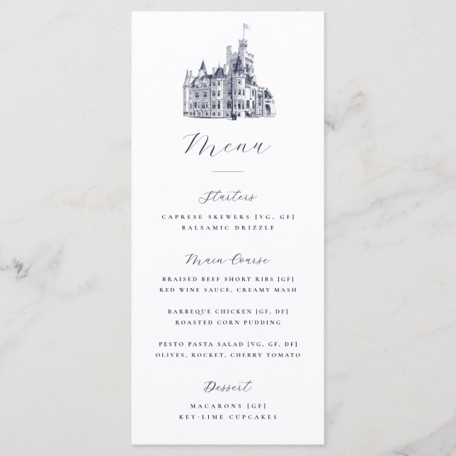 Elegant Castle Illustration Destination Wedding  Menu (Front)