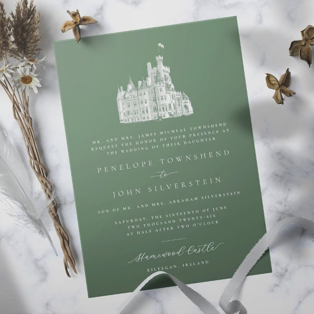 Elegant Castle Illustration Green Formal Wedding  Invitation (Sage green formal wedding invitation with an illustration of a castle)