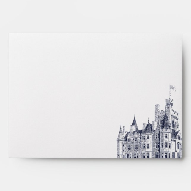 Elegant Castle Illustration White Navy Wedding  Envelope (Front)