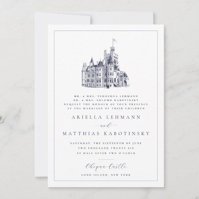 Elegant Castle Simple Double Sided Hebrew Wedding Invitation (Front)