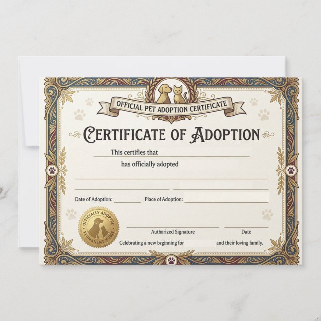 Elegant Cat Adoption Certificate Card (Front)