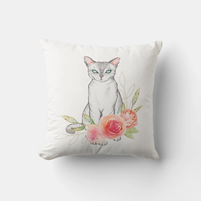 Elegant Cat and Flowers  Throw Pillow (Front)