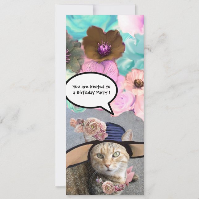 ELEGANT CAT,BIG DIVA HAT AND ROSES BIRTHDAY PARTY INVITATION (Front)