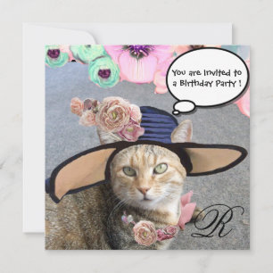 ELEGANT CAT,BIG DIVA HAT AND ROSES BIRTHDAY PARTY INVITATION
