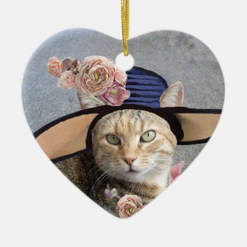 ELEGANT CATBIG DIVA HAT AND ROSES Valentine Heart Ceramic Ornament