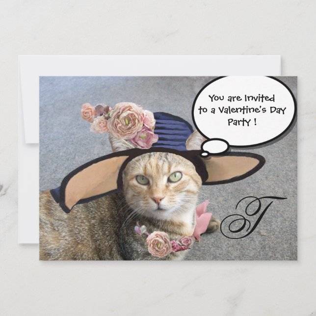 ELEGANT CAT,BIG DIVA HAT AND ROSES VALENTINE PARTY INVITATION (Front)