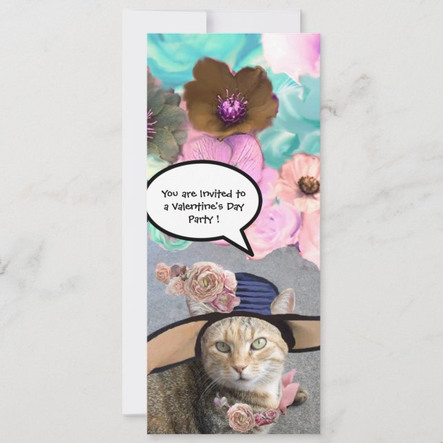ELEGANT CAT,BIG DIVA HAT AND ROSES VALENTINE PARTY INVITATION (Front)
