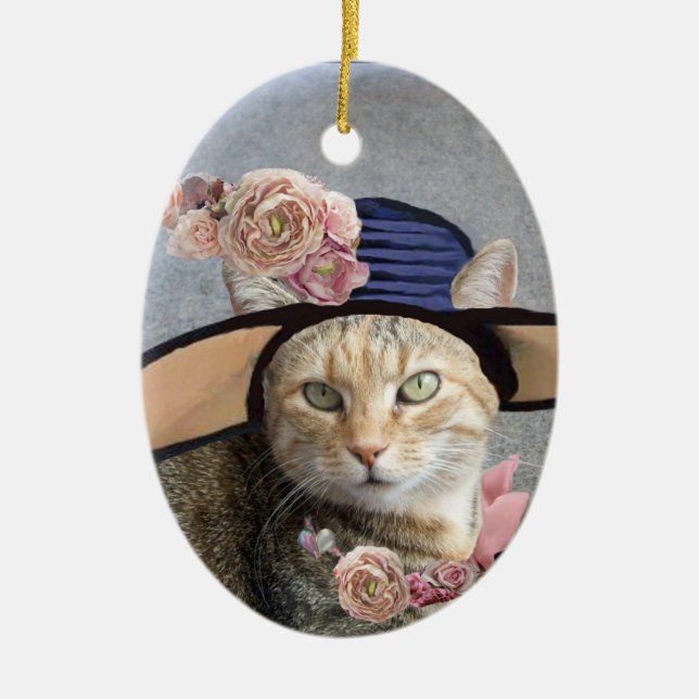 ELEGANT CAT,BIG DIVA HAT,ROSES Valentine Souvenir Ceramic Ornament (Front)