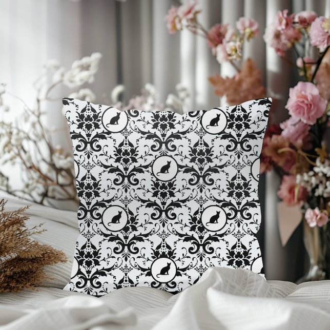 Elegant Cat Damask Pattern Throw Pillow (Creator Uploaded)