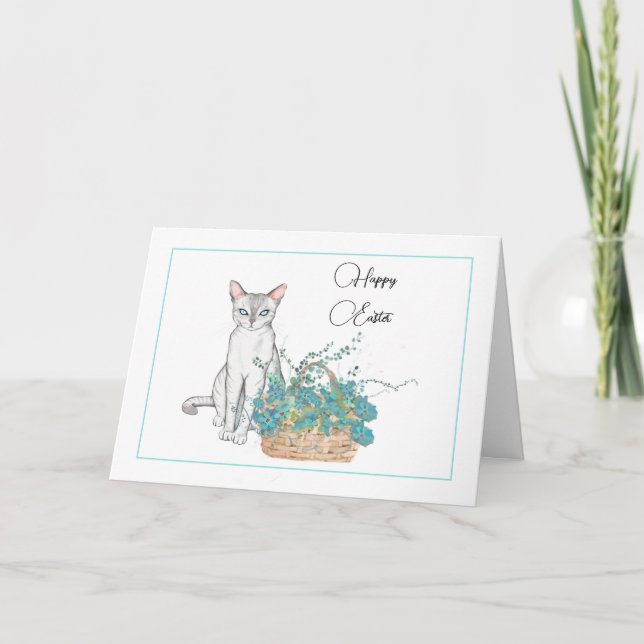 Elegant Cat Easter Card with Blue Flowers (Front)