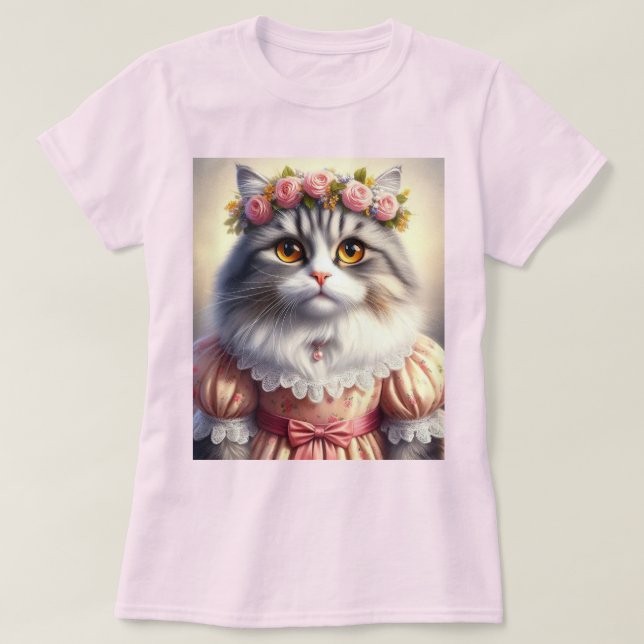 Elegant Cat in Pink Victorian Dress T-Shirt (Design Front)