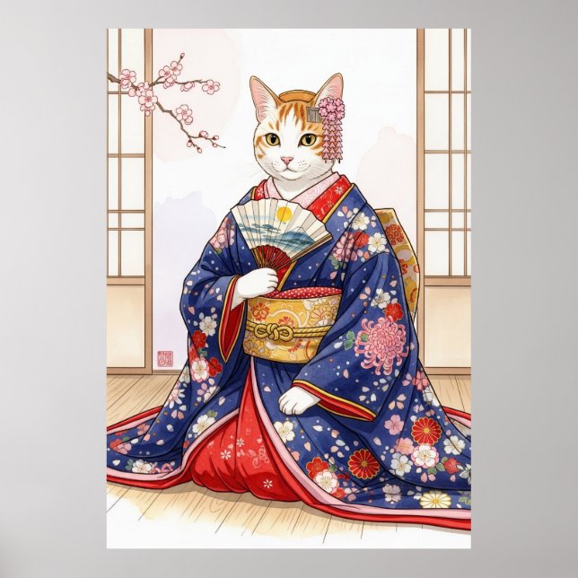 Elegant Cat in Traditional Japanese Kimono Cute Poster (Front)