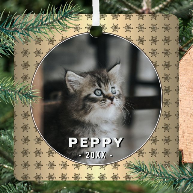 Elegant Cat Photo Golden Snowflakes Christmas  Metal Ornament (Creator Uploaded)