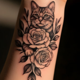 Elegant Cat & Roses Floral Feline Fine Line Ink Temporary Tattoos