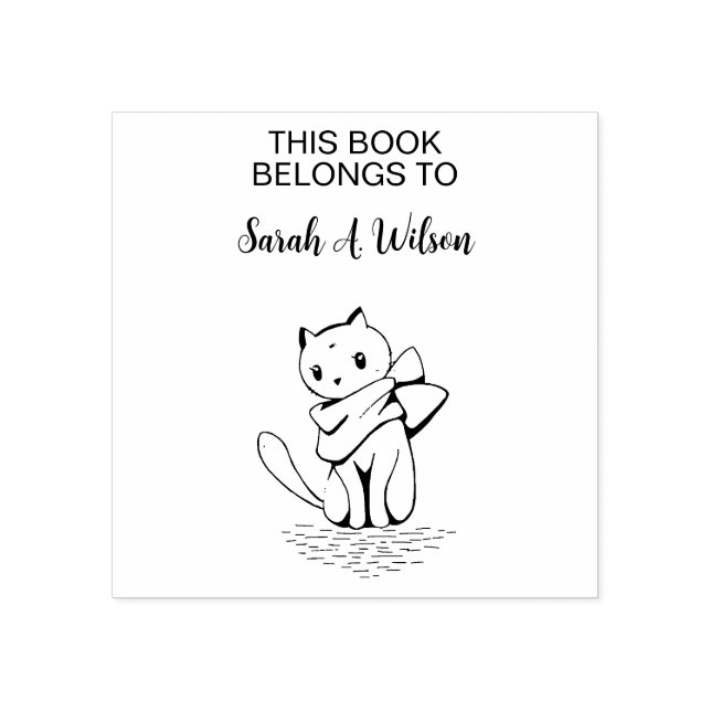 Elegant Cat Scarf Book Belongs Personalized Book Rubber Stamp (Imprint)