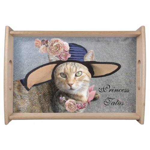 ELEGANT CAT WITH BIG DIVA HAT AND PINK ROSES SERVING TRAY
