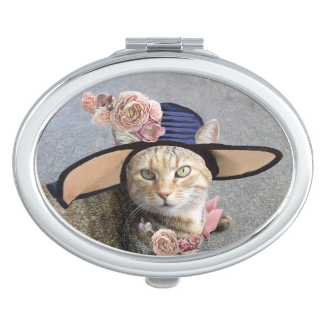 ELEGANT CAT WITH BIG DIVA HAT AND PINK ROSES VANITY MIRROR (Front)
