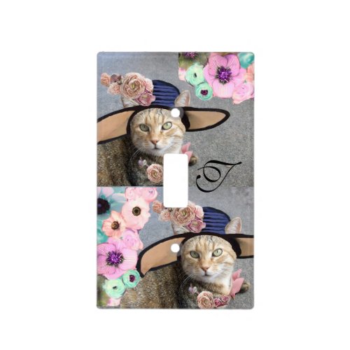 ELEGANT CAT WITH BIG DIVA HATPINK ROSES Monogram Light Switch Cover