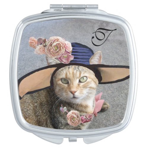 ELEGANT CAT WITH BIG DIVA HAT PINK ROSES Monogram Mirror For Makeup