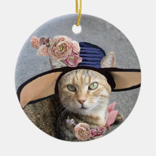 ELEGANT CAT WITH BIG DIVA HATPINK ROSES Valentine Ceramic Ornament