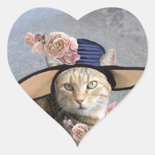 ELEGANT CAT WITH BIG DIVA HATPINK ROSES Valentine Heart Sticker