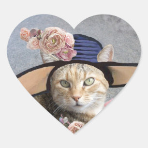 ELEGANT CAT WITH BIG DIVA HAT,PINK ROSES Valentine Heart Sticker