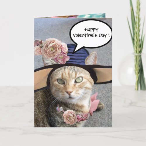 ELEGANT CAT WITH BIG DIVA HATPINK ROSES Valentine Holiday Card